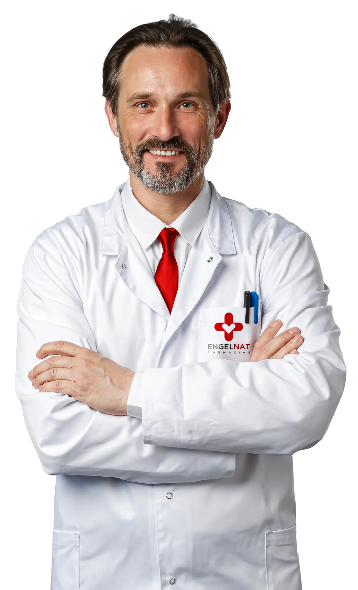 Químico farmacéutico de Engelnat con bata blanca y corbata roja, brazos cruzados