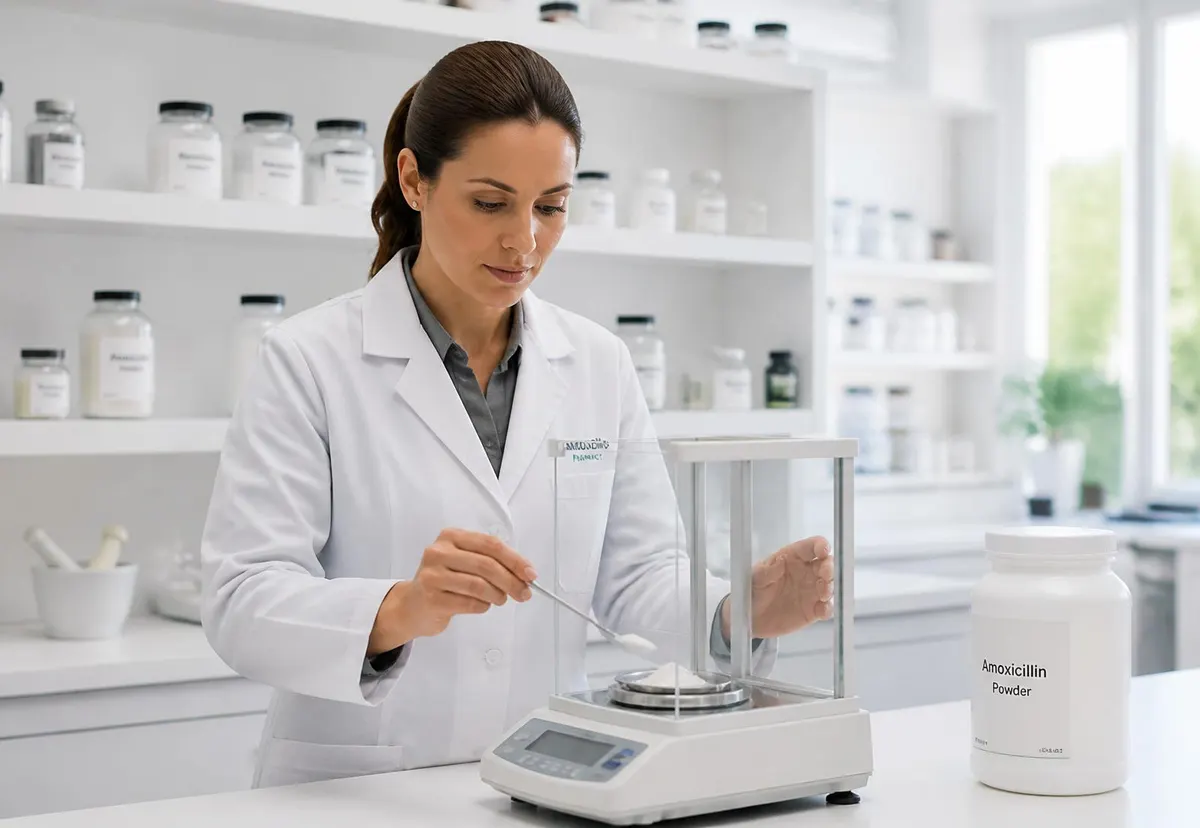 Profesional farmacéutica pesando polvo en una balanza de precisión